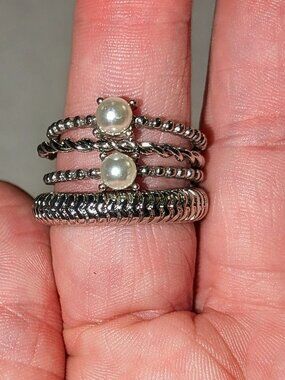Silver fresh water pearl stackable rings set of 4